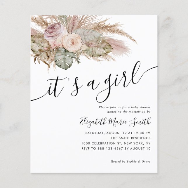 Cheap Pampas Grass Boho It's A Girl Baby Shower Flyer (Front)