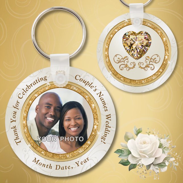 Cheap Personalized Wedding Favors in BULK or One Keychain (Cheap wedding favors. Photo wedding favors. Personalised wedding favours. Gold and Ivory wedding.)
