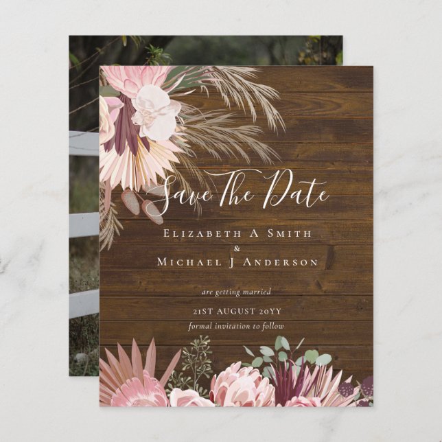 CHEAP PHOTO SAVE DATES - Pampas Grass Burgundy (Front/Back)
