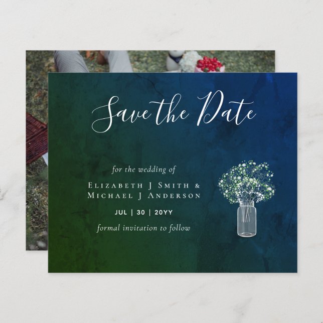 CHEAP Photo Save Dates Rustic Gypsophila Mason Jar (Front/Back)