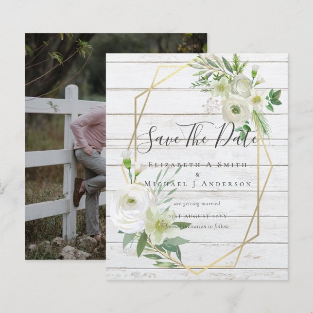 CHEAP Photo Save Dates White Floral Greenery Leaf (Front/Back)