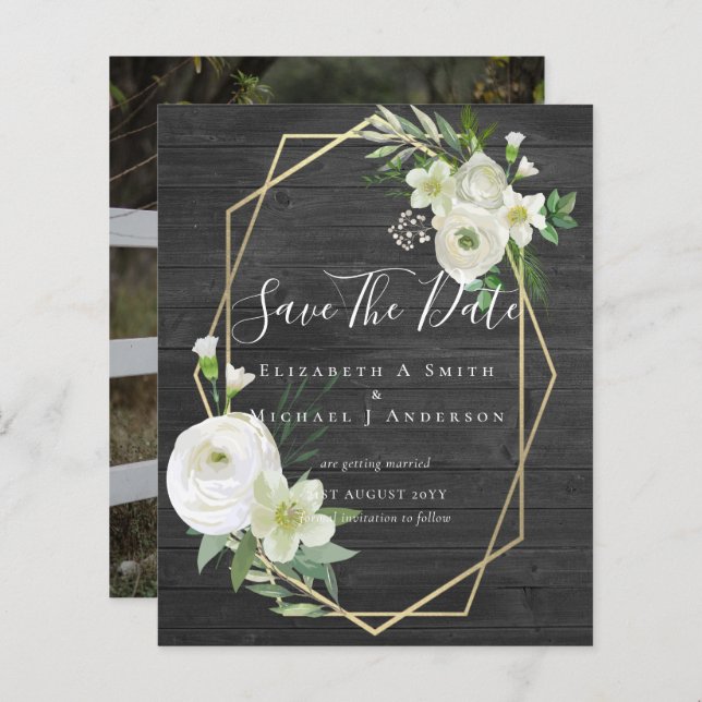 CHEAP Photo Save Dates White Floral Greenery Leaf (Front/Back)