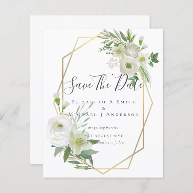 CHEAP Photo Save Dates White Floral Greenery Leaf (Front/Back)