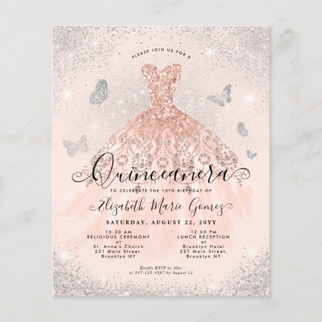 Cheap Pink Rose Gold Glam Gown Quinceanera Invite Flyer (Front)