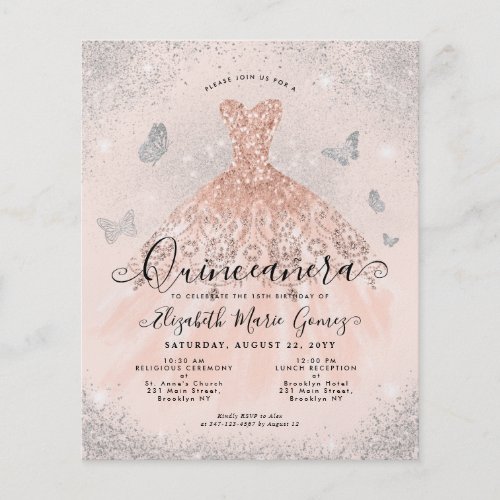 Cheap Pink Rose Gold Glam Gown Quinceanera Invite Flyer