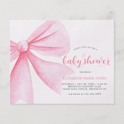 Cheap Pink Watercolor Bow Ribbon Girl Baby Shower Flyer