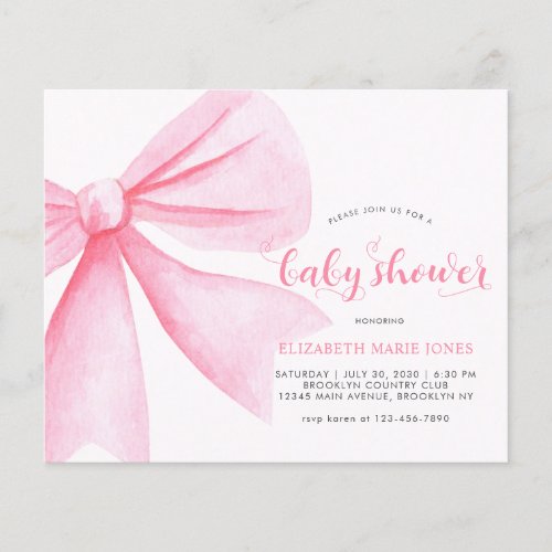 Cheap Pink Watercolor Bow Ribbon Girl Baby Shower Flyer