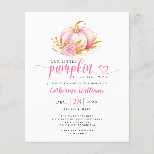 Cheap Pumpkin Boho Pink Gold Script Baby Shower  Flyer