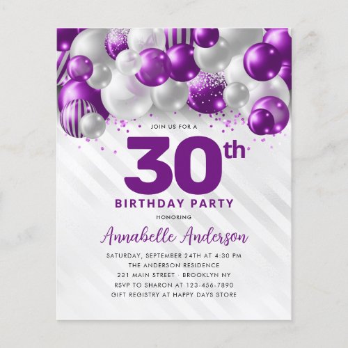 Cheap Purple Silver Balloon Glitter 30th Birthday Flyer