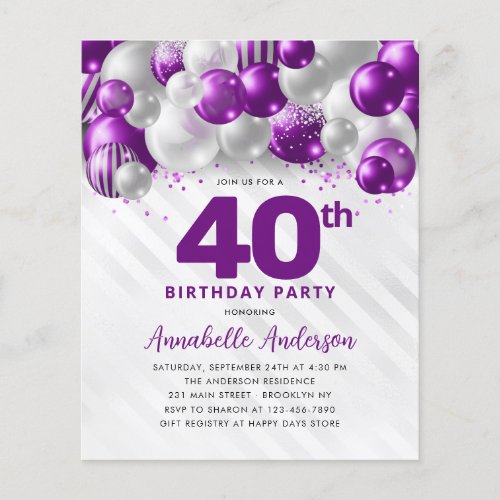 Cheap Purple Silver Balloon Glitter 40th Birthday