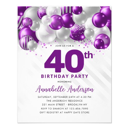 Cheap Purple Silver Balloon Glitter 40th Birthday Flyer