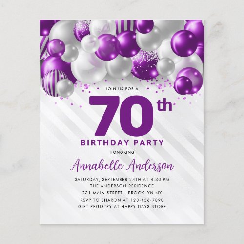 Cheap Purple Silver Balloon Glitter 70th Birthday Flyer