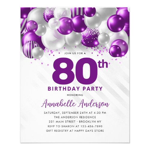 Cheap Purple Silver Balloon Glitter 80th Birthday Flyer