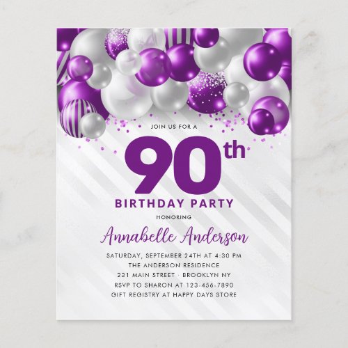 Cheap Purple Silver Balloon Glitter 90th Birthday Flyer