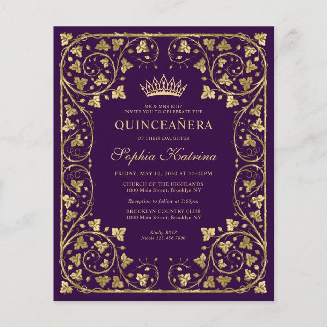 Cheap Purple Violet Floral Gold Tiara Quinceanera Flyer (Front)