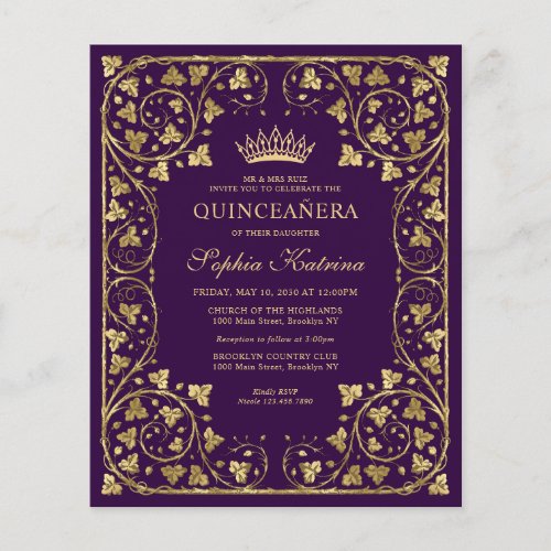 Cheap Purple Violet Floral Gold Tiara Quinceanera Flyer