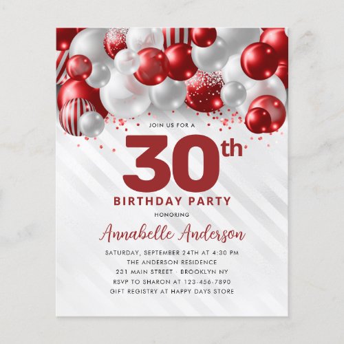 Cheap Red Silver Balloon Glitter 30th Birthday Flyer