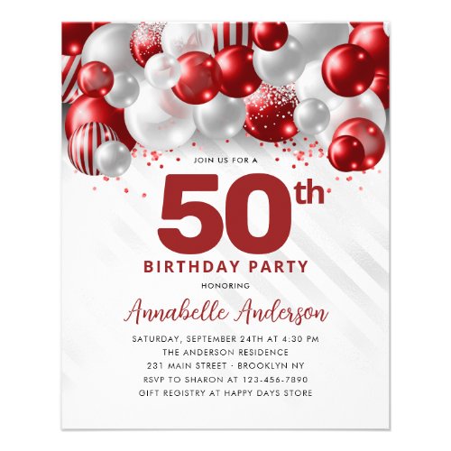 Cheap Red Silver Balloon Glitter 50th Birthday Flyer
