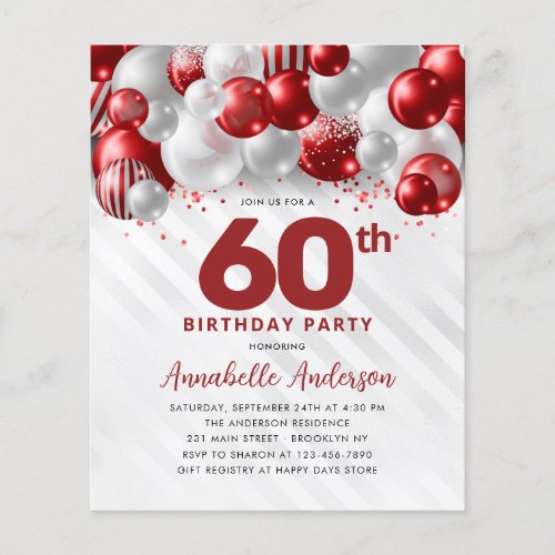 Cheap Red Silver Balloon Glitter 60th Birthday Flyer