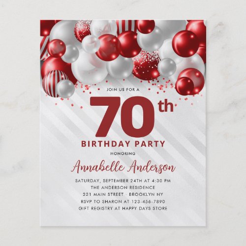 Cheap Red Silver Balloon Glitter 70th Birthday Flyer