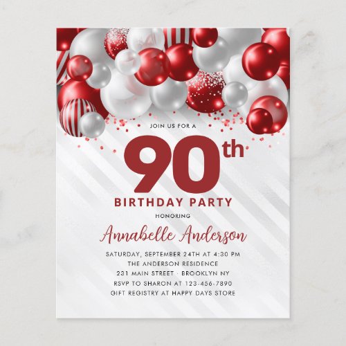 Cheap Red Silver Balloon Glitter 90th Birthday Flyer