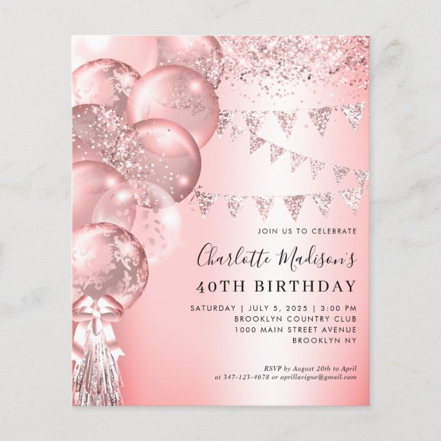 Cheap Rose Gold Glitter Balloon Any Age Birthday Flyer (Front)