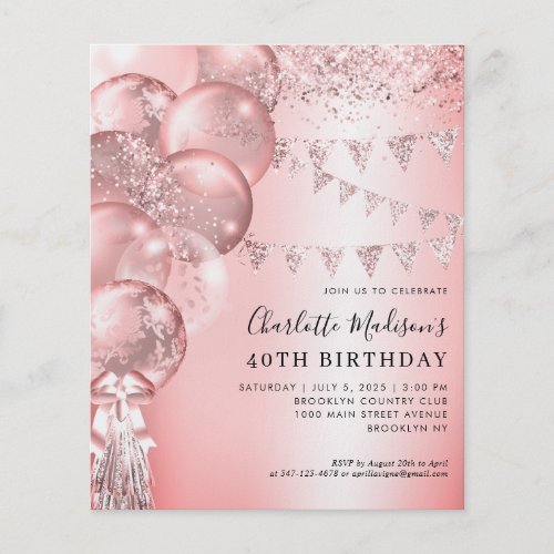 Cheap Rose Gold Glitter Balloon Any Age Birthday Flyer