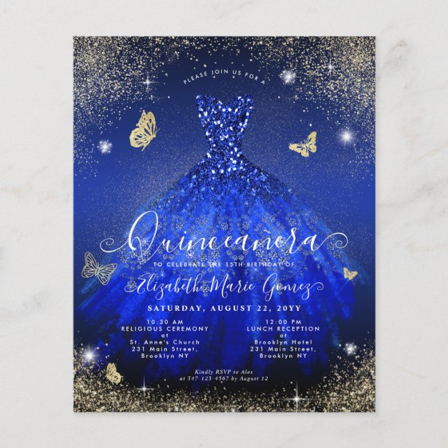 Cheap Royal Blue Gold Gown Quinceanera Invite Flyer (Front)