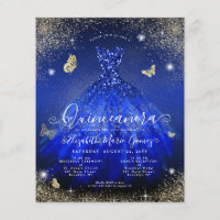 Cheap Royal Blue Gold Gown Quinceanera Invite