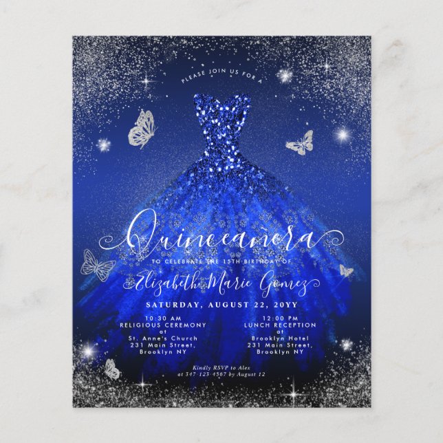 Cheap Royal Blue Silver Gown Quinceanera Invite Flyer (Front)