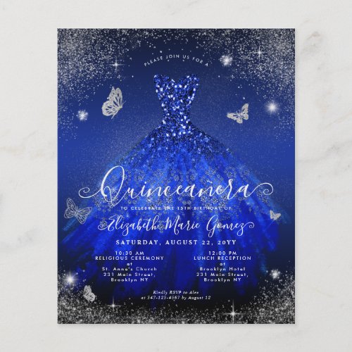 Cheap Royal Blue Silver Gown Quinceanera Invite Flyer