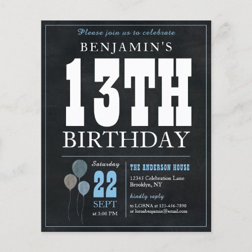 Cheap Rustic Chalkboard Blue Balloon 13th Birthday Flyer