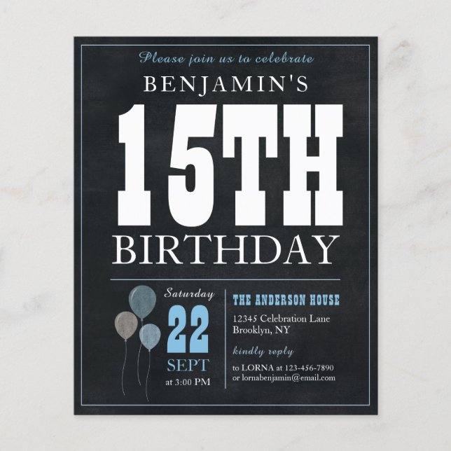 Cheap Rustic Chalkboard Blue Balloon 15th Birthday Flyer (Front)