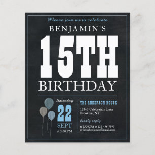 Cheap Rustic Chalkboard Blue Balloon 15th Birthday Flyer