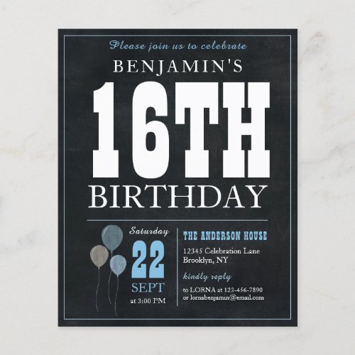 Cheap Rustic Chalkboard Blue Balloon 16th Birthday Flyer