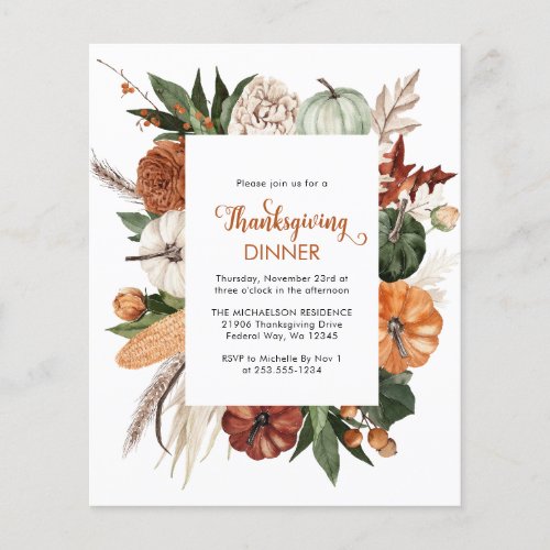 Cheap Rustic Pumpkin Thanksgiving Dinner Invite Flyer