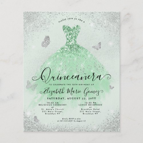 Cheap Sage Green Silver Glitter Gown Quinceanera Flyer