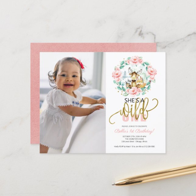 Cheap She's A Wild One Photo First Birthday Invite (Front/Back In Situ)