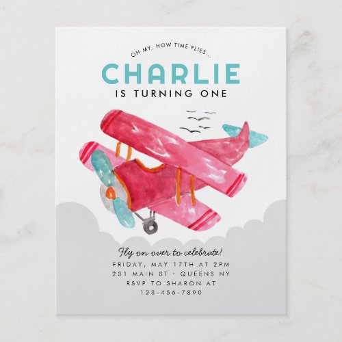 Cheap Sky Cloud Watercolor Red Airplane Birthday Flyer