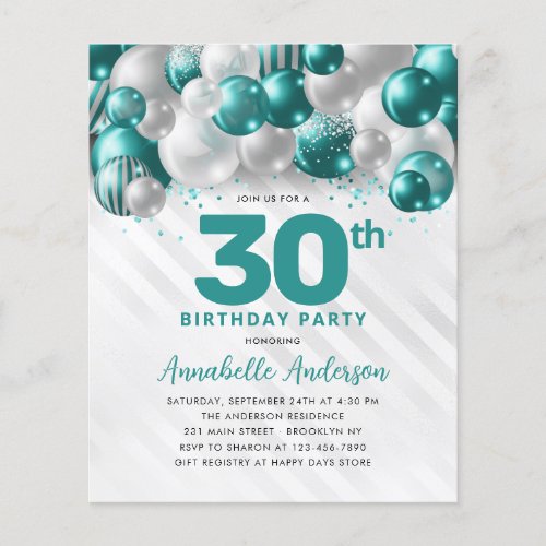 Cheap Teal Silver Balloon Glitter 30th Birthday Flyer