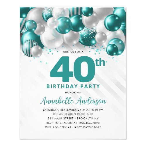 Cheap Teal Silver Balloon Glitter 40th Birthday Flyer