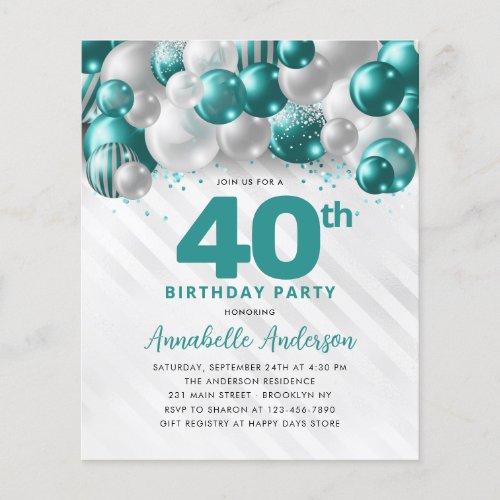 Cheap Teal Silver Balloon Glitter 40th Birthday Flyer