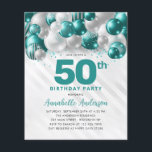Cheap Teal Silver Balloon Glitter 50th Birthday Flyer<br><div class="desc">Modern Glam Teal Green Silver Balloon Glitter Sparkle Any Age Birthday Invitation</div>