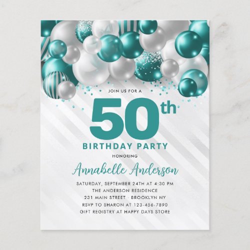 Cheap Teal Silver Balloon Glitter 50th Birthday Flyer