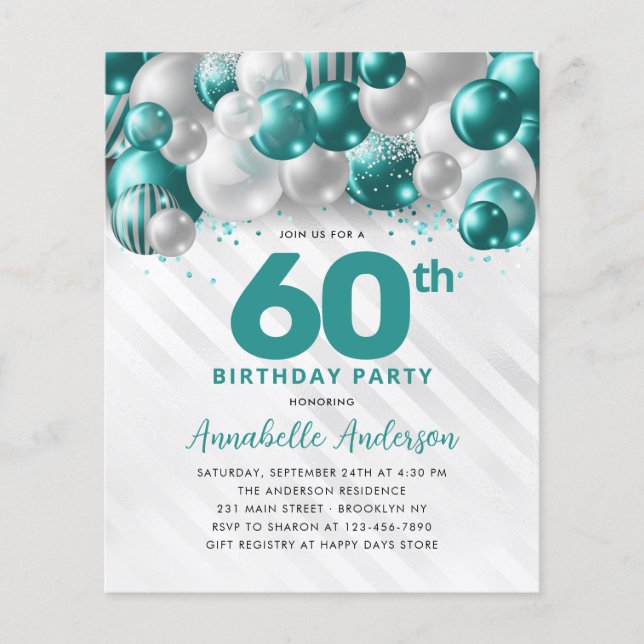 Cheap Teal Silver Balloon Glitter 60th Birthday Flyer (Front)
