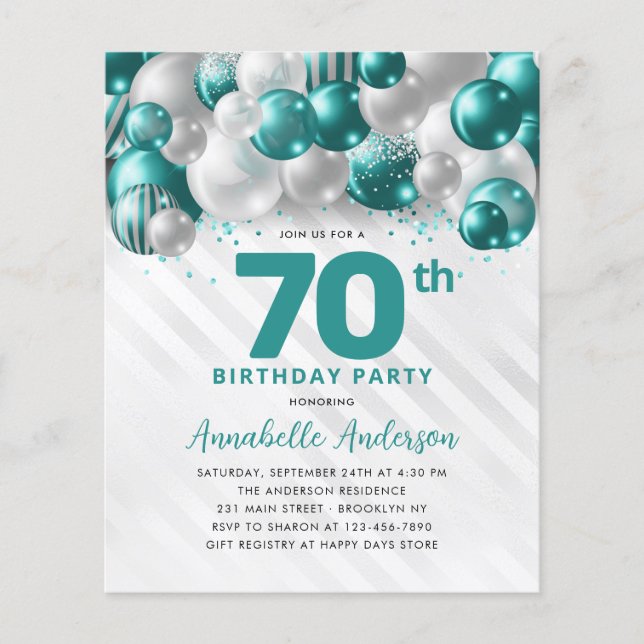 Cheap Teal Silver Balloon Glitter 70th Birthday Flyer (Front)