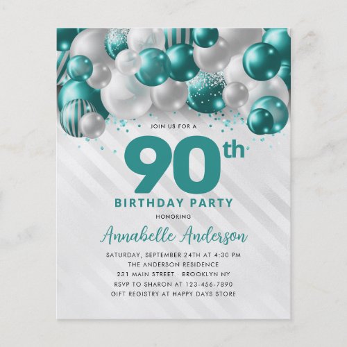 Cheap Teal Silver Balloon Glitter 90th Birthday Flyer