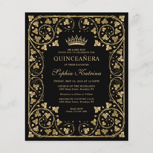 Cheap Vintage Black Floral Gold Tiara Quinceanera Flyer