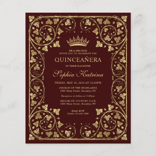Cheap Vintage Burgundy Red Gold Tiara Quinceanera Flyer