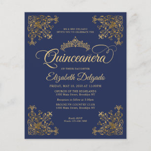 Cheap Vintage Royal Blue Gold Frame Quinceanera Flyer